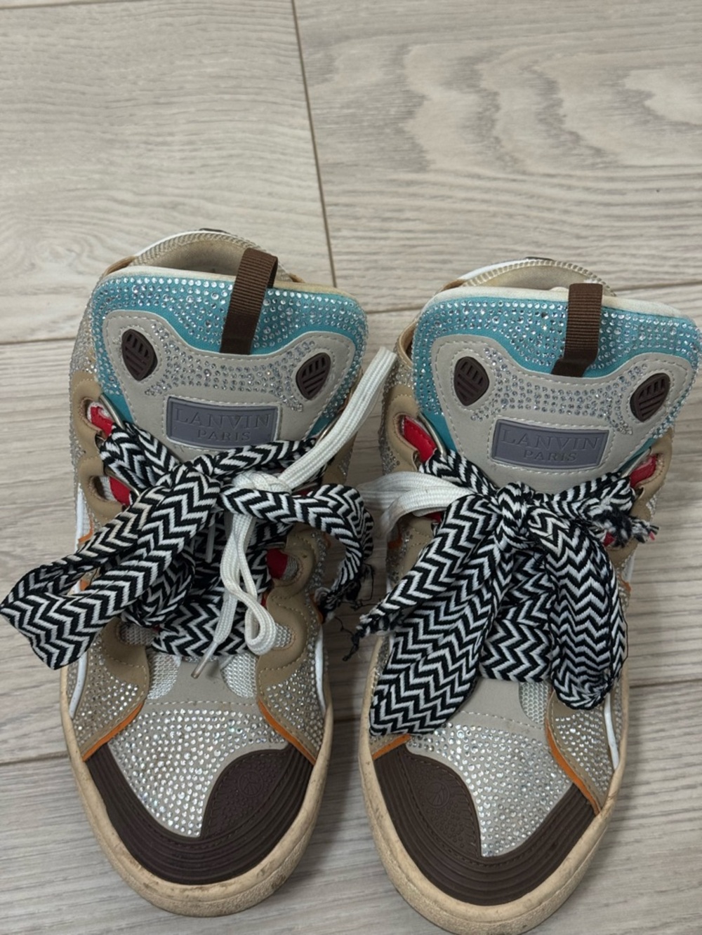 Lanvin Beige, Turquoise & Brown Rhinestone Sneakers women’s size 7 1/2
